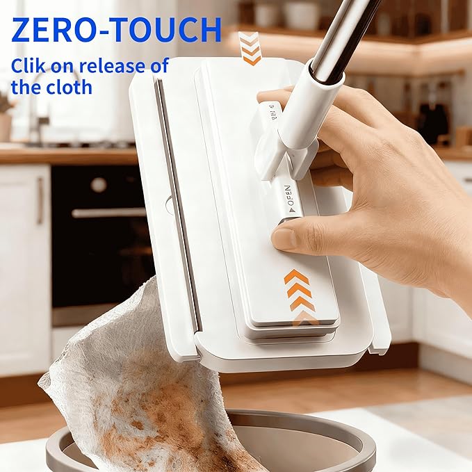 Disposable Mop, Hands-Free Floor Mop with Clamp, Dry Wet Use Dust Mop for Hardwood & Tile
