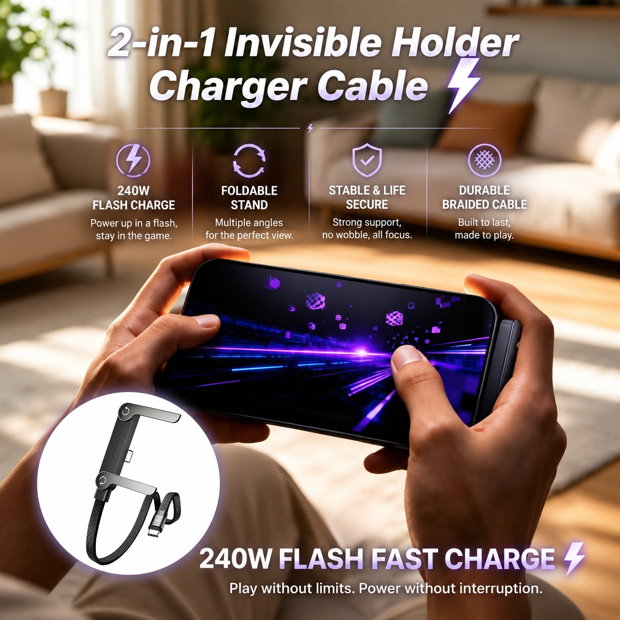 ⚡Official Authorized | 2-in-1 Invisible Holder Charger Cable - 240W Fast Charging Cord with Built-In Phone Stand