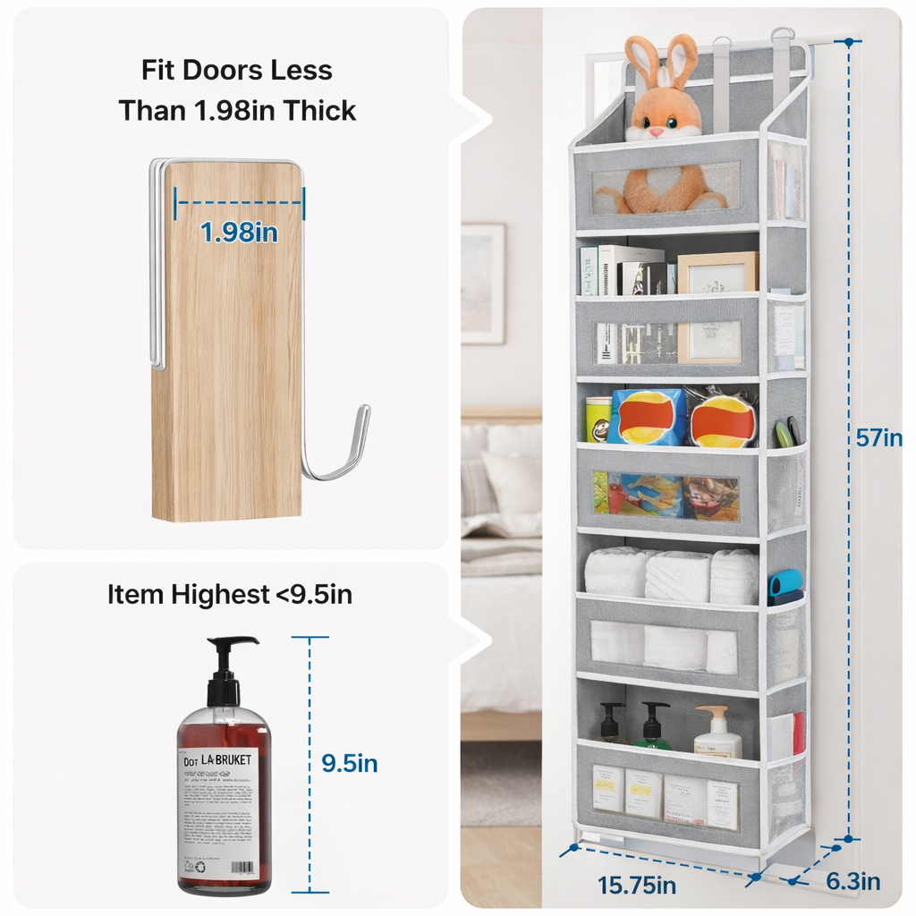 Over The Door Organizer Storage-5-Tier Hangable Organizer with 10 Large side pocket